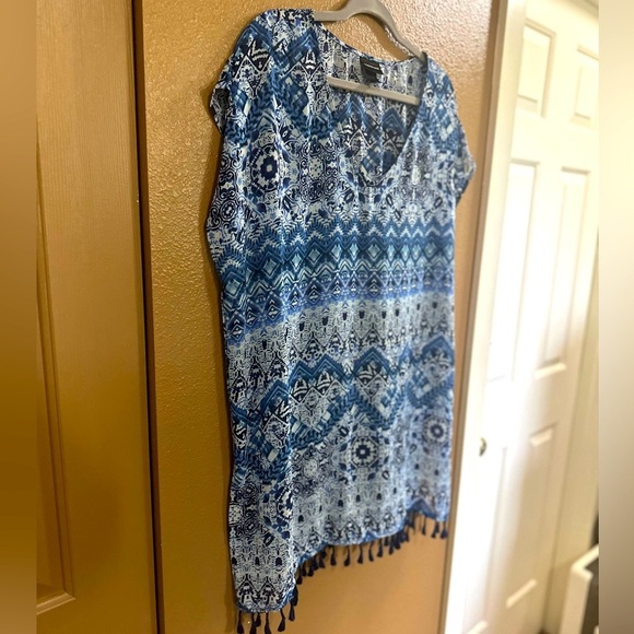 Cover2Cover Women’s Tassle Trim Poncho Patterned Sheer Swim Knee Length Cover-up - Picture 5 of 9